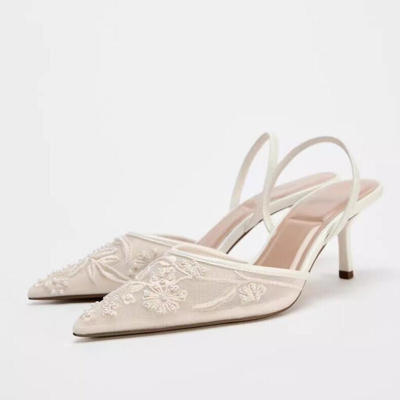 Spring New Product Women's Rear Strap Embroidered Mesh High Heels
