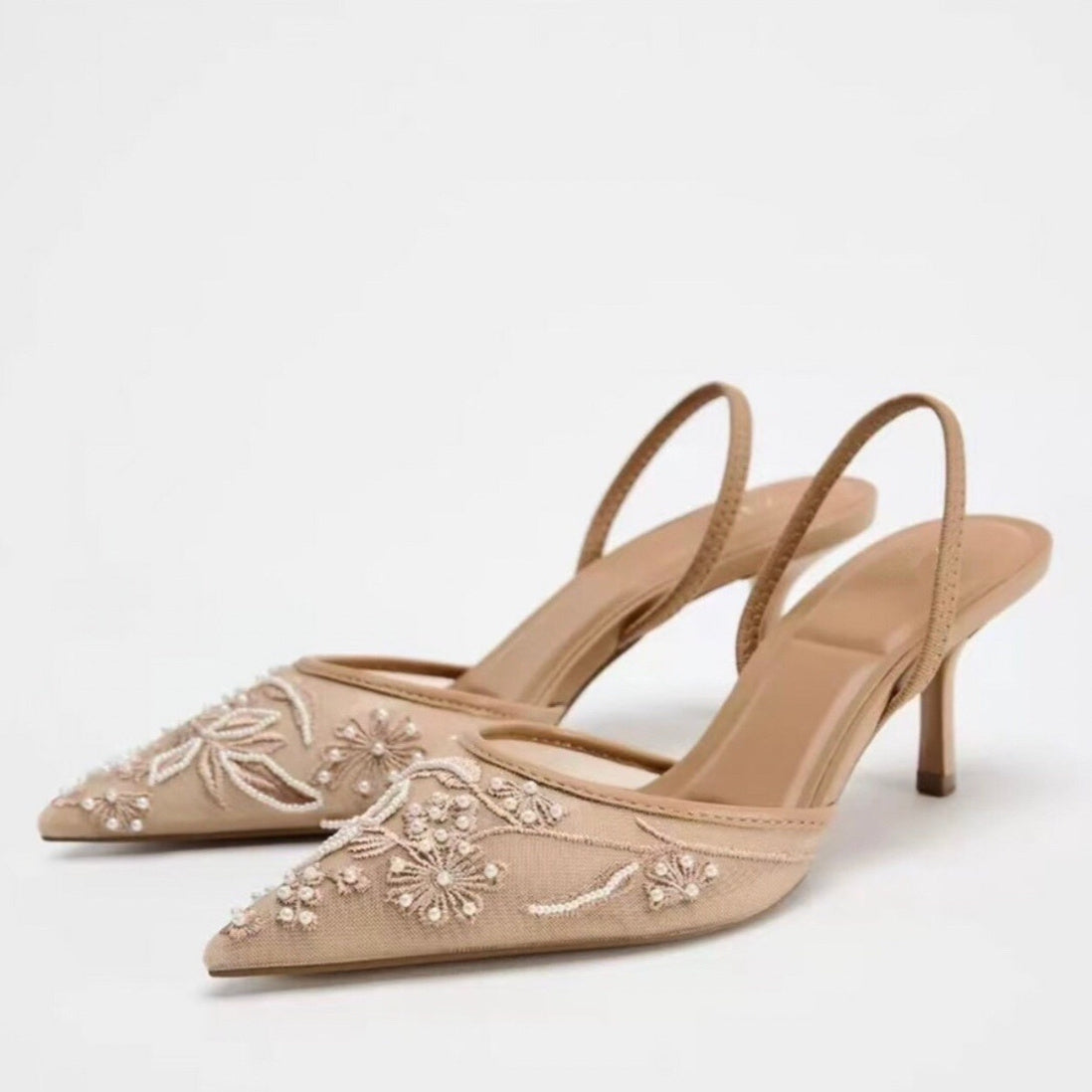 Spring New Product Women's Rear Strap Embroidered Mesh High Heels