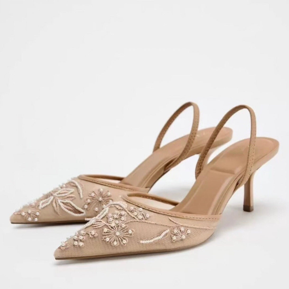 Spring New Product Women's Rear Strap Embroidered Mesh High Heels