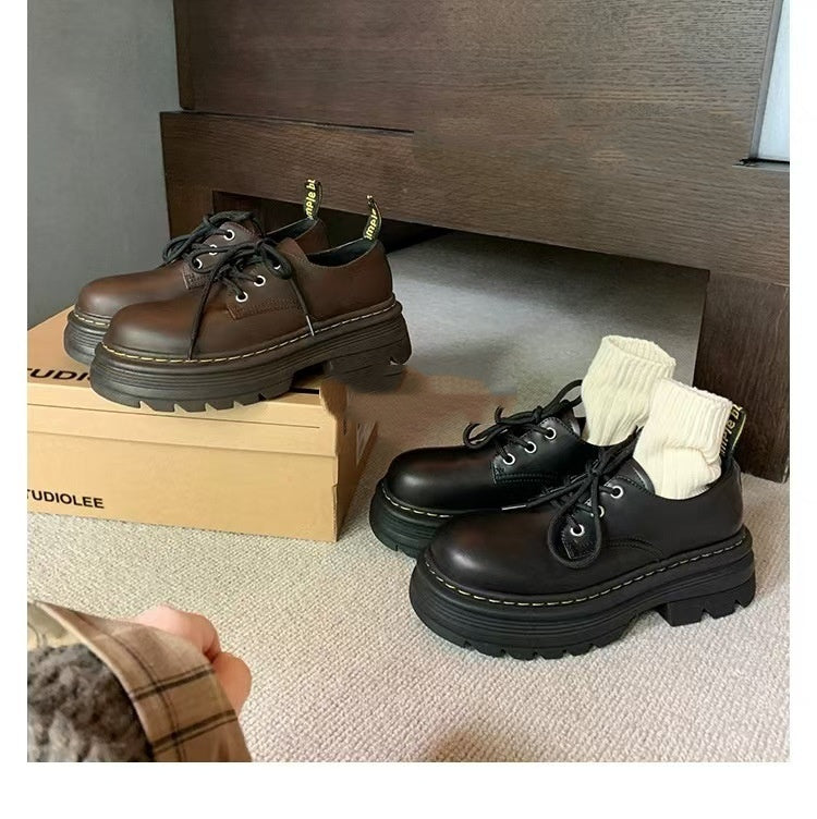 Classic British Style Lace Up Increased Thick Bottom Round Toe Leather Shoes
