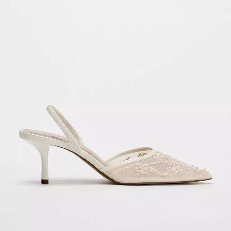 Spring New Product Women's Rear Strap Embroidered Mesh High Heels