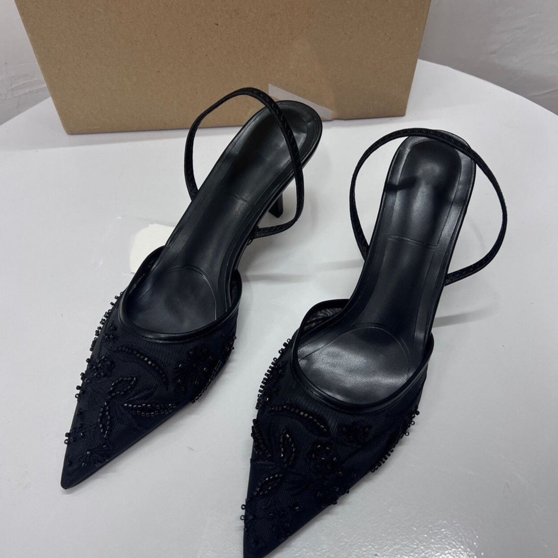 Spring New Product Women's Rear Strap Embroidered Mesh High Heels